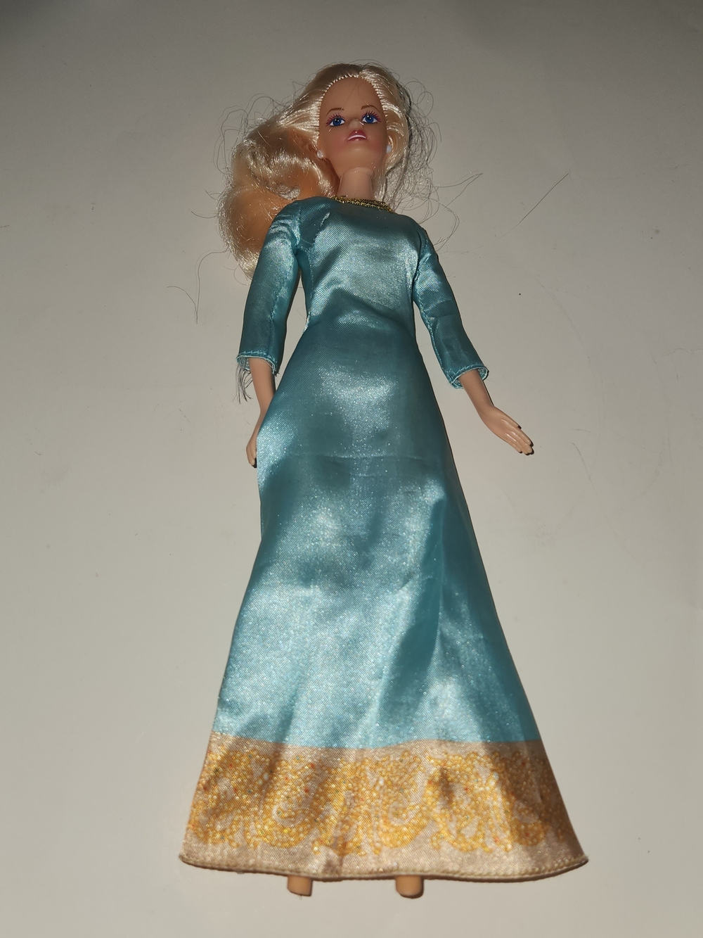 Barbie Aqua Satin Evening Gown with Gold Trim